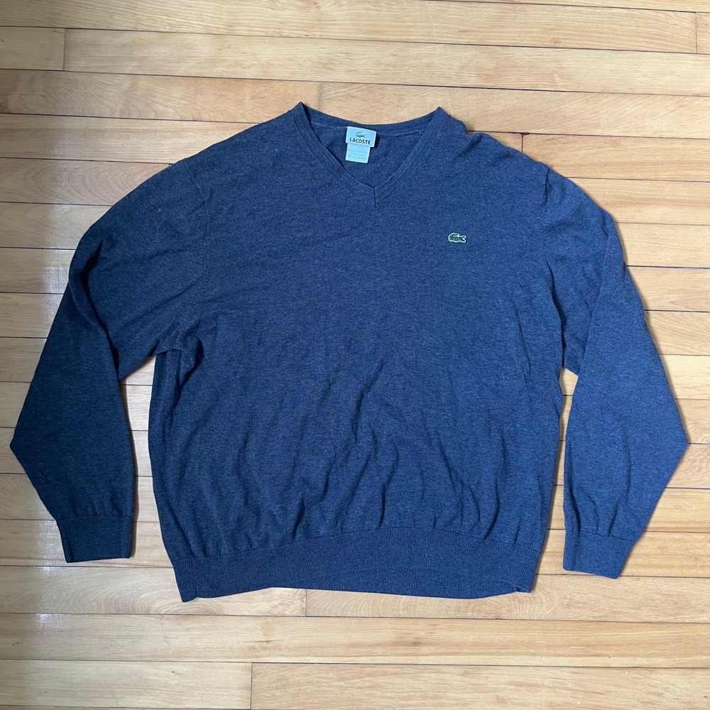 Lacoste Mens V-Neck Sweater Size 8  Charcoal Grey 100% Cotton Logo Pullover